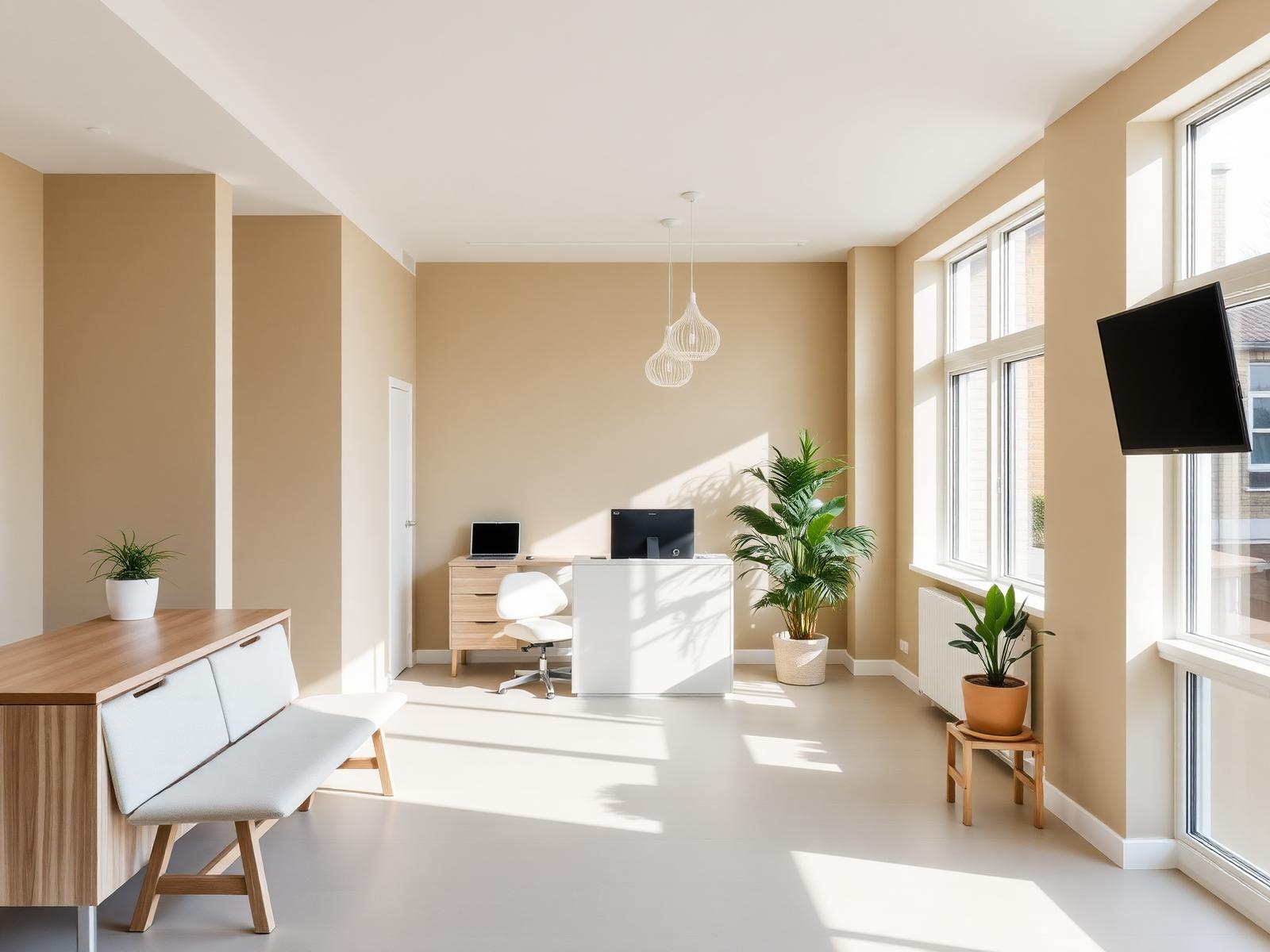 Interieur van mondzorgpraktijk met warm daglicht en planten